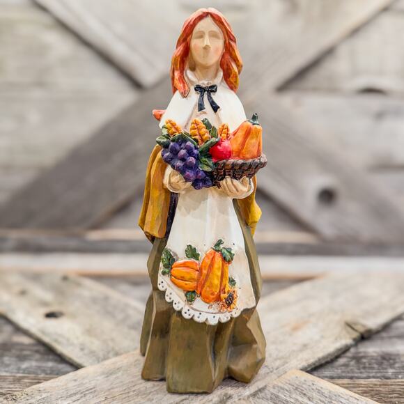 Vintage Fall Harvest Pilgrim Woman Figurine w/ Basket of Garden Harvest, 8"H - Picture 1 of 9